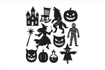Obraz premium Spooky halloween silhouettes including witches cats ghosts and other creepy elements