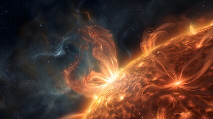 Ultra close-up of a star's active surface showing a massive solar flare or plasma ejection of fiery orange light and swirling energy against a dark, cosmic background.