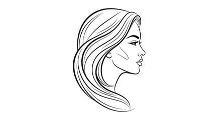 Elegant Woman Profile Portrait with Flowing Hair in Black and White Line Art Style