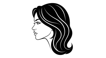 Elegant black and white vector illustration of a woman with long flowing hair profile