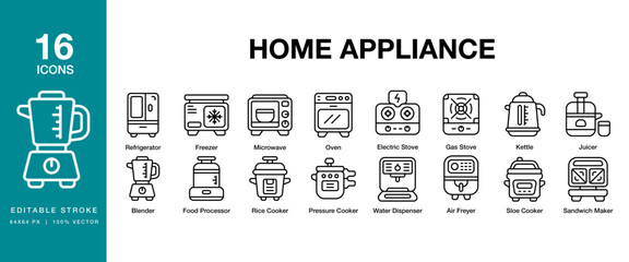 Home Appliance icon set. Includes home, appliance, domestic, household, house and More. Editable Stroke Icon Collection.