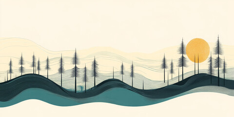 A serene abstract landscape with stylized pine trees and hills, a golden sun, and muted colors. Ideal for blogs on nature, mindfulness, or minimalist design.