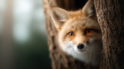 Fototapeta premium Curious fox peeking from tree trunk creates a sense of wonder and connection with nature, perfect for wildlife campaigns and heartwarming stories
