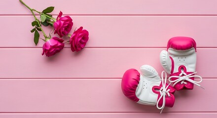 Pink boxing gloves and rosebuds on a pink wooden background