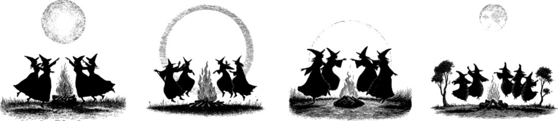 Coven of witches dancing shilouette around bonfire under full moon in gothic medieval vector illustration with woodcut style