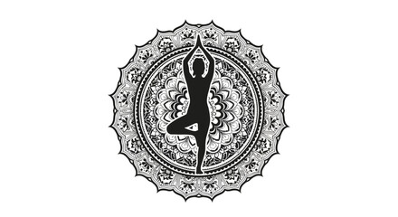 Elegant Yoga Tree Pose Silhouette within a Detailed Mandala Design for Spiritual Harmony
