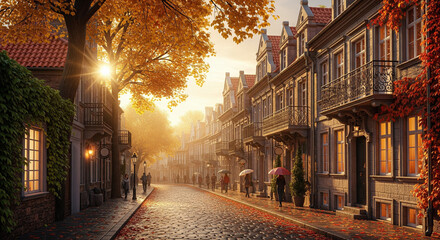 Fototapeta premium street in the city in the afternoon with beautiful trees in autumn