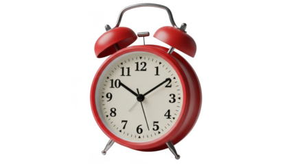 Classic red alarm clock with two bells isolated on transparent background