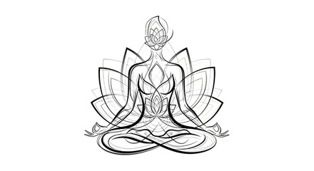 Elegant yoga pose with lotus flower backdrop in minimalist line art style vector