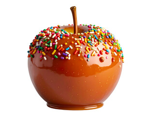  Caramel Apple Covered in Colorful Sprinkles, Front View, Isolated on Transparent PNG 