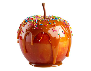  Caramel Apple Covered in Colorful Sprinkles, Front View, Isolated on Transparent PNG