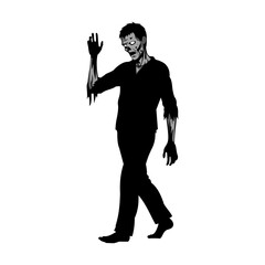 Silhouette of a walking zombie with one arm raised, a scary and spooky illustration.