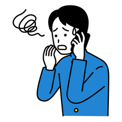 スマートフォンでの通話で困惑する男子学生