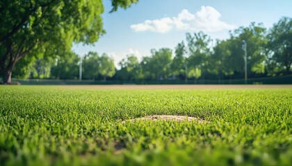 Baseball field on a sunny day with lush green grass