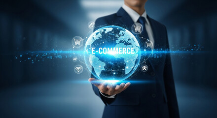 A person in a suit holding a digital globe with e commerce text and shopping cart icons floating around