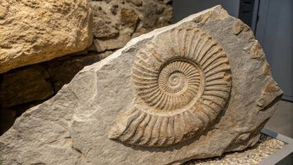 Fossilized ammonite preserved in a stone formation , prehistoric, ancient, marine, shell, spiral, fossil, geology