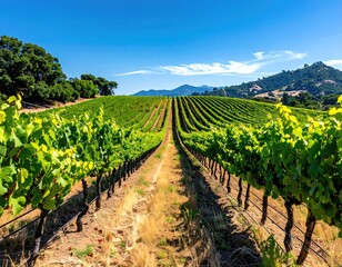 Obraz premium Vineyard Landscape Rows Of Green Grape Vines Stretching Into The Distance Under A Clear Blue Sky With Rolling Hills In The Background On A Sunny Day