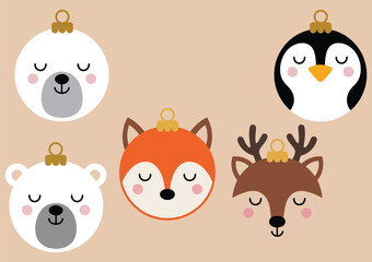 Naklejka premium Cute Christmas Ornaments with Sleeping Animals – Reindeer, Fox, Polar Bear, Penguin, Cozy Winter Holiday Decoration Vector, Adorable Festive Design for Kids and Christmas Crafts