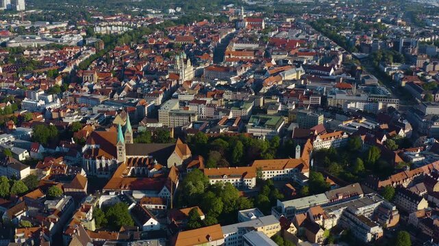 Aerial panoramic view of the old town city Augsburg in Germany, Bavaria on a sunny spring day
