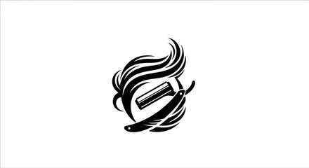Elegant Barber Shop Logo Design with Razor and Hair Stylized Illustration in Black
