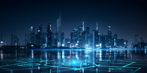 Futuristic city skyline with glowing digital lines blue background