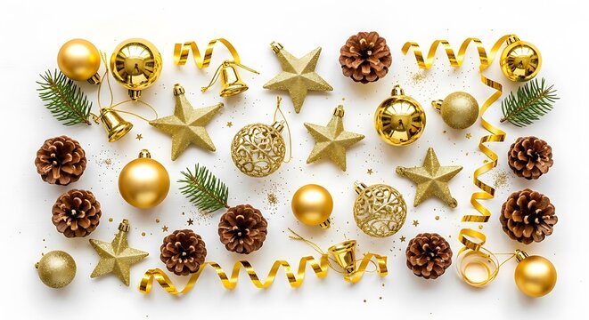 A festive arrangement of golden Christmas ornaments, pinecones, and fir branches on a white background. - Powered by Adobe