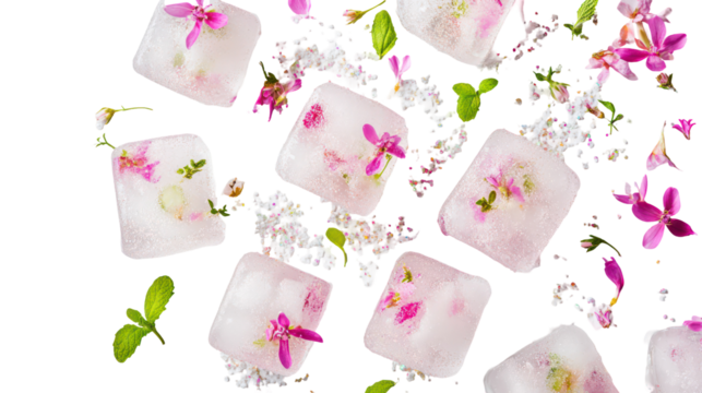 Frozen ice cubes with pink flowers and mint leaves isolated on transparent background