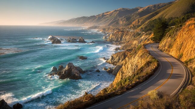 Experience the breathtaking Big Sur coastline drive along the iconic Highway 1, where the rugged cliffs meet the vibrant turquoise ocean in stunning California