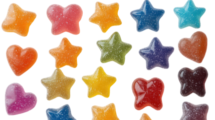 Assortment of colorful gummy candy shapes isolated on transparent background