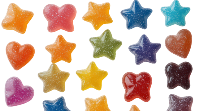 Assortment of colorful gummy candy shapes isolated on transparent background