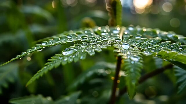 Close up of a fern leaf with water droplets in the forest.