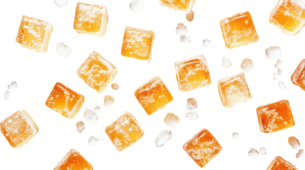 Overhead Shot of Ice Cubes in Sparkling Orange Soda Arranged on Transparent Background