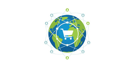 Global online shopping concept with earth and shopping cart connected by digital network, representing worldwide ecommerce and international trade opportunities