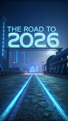 Futuristic road with words spelling 'The Road to 2026 AI', symbolizing digital innovation, artificial intelligence progress, and technological advancement