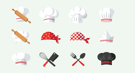 Culinary icons for chefs and bakers, including hats, cooking tools, and more for restaurant branding and promotional design projects with a cooking theme