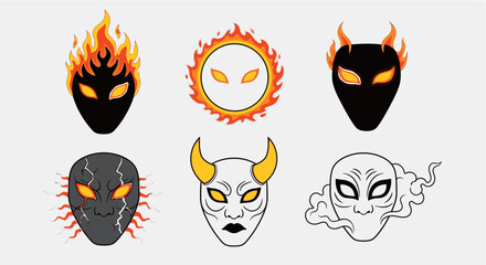 Six stylized alien-like masks with flames and other effects, depicted on a white background.