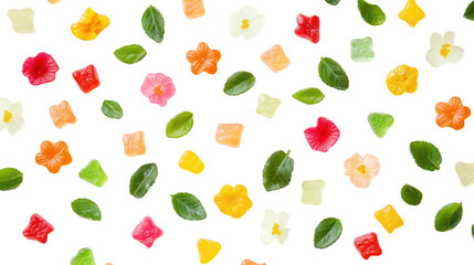 Rainbow Gummy Candy Flowers and Leaves Scattered on Transparent Background
