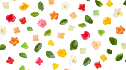 Rainbow Gummy Candy Flowers and Leaves Scattered on Transparent Background