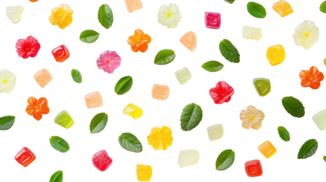 Rainbow Gummy Candy Flowers and Leaves Scattered on Transparent Background