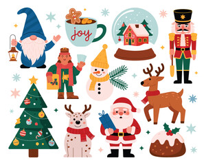 Christmas Holiday Elements Collection – Santa Claus, Snowman, Tree, Reindeer, Nutcracker, Elf, Gnome, Cup of Cocoa, Gift, Snow Globe, and Festive Decoration Vector