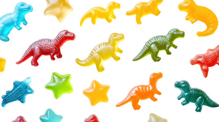 Naklejka premium Colorful gummy dinosaurs and stars isolated on transparent background