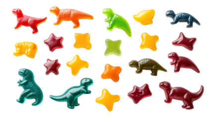 Assortment of colorful gummy candies including dinosaurs and stars isolated on transparent background