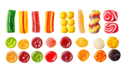 Assortment of colorful gummy candies and fruit chews isolated on transparent background