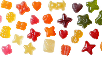 Assortment of colorful gummy candy shapes isolated on transparent background