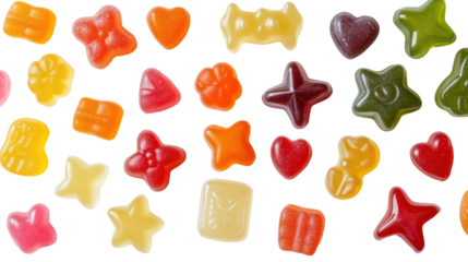Assortment of colorful gummy candy shapes isolated on transparent background