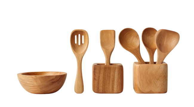 Wooden kitchen utensils, spoons, and bowl