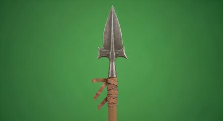 Detailed Spear: Ancient Weapon with Metal Blade, Leather Wrap, Green Backdrop.