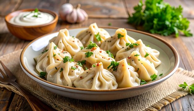 Close-up shot of a plate filled with steamed dumplings and garnish