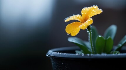 Vibrant yellow primrose in a dark pot glistening with raindrops bringing beauty indoors