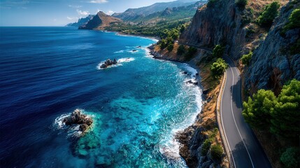 Dramatic coastal road winds along turquoise waters, perfect for travel ads, inspiring summer vacations, or promoting scenic drives with stunning ocean views